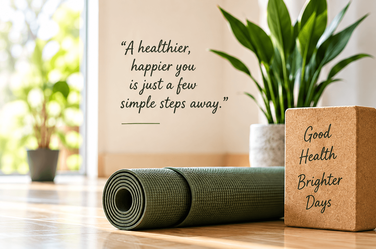 Yoga mat, cork block, and plant — Health Without Drama