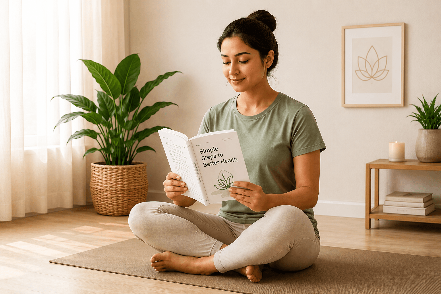 Woman reading a health guide at The Healing Mat