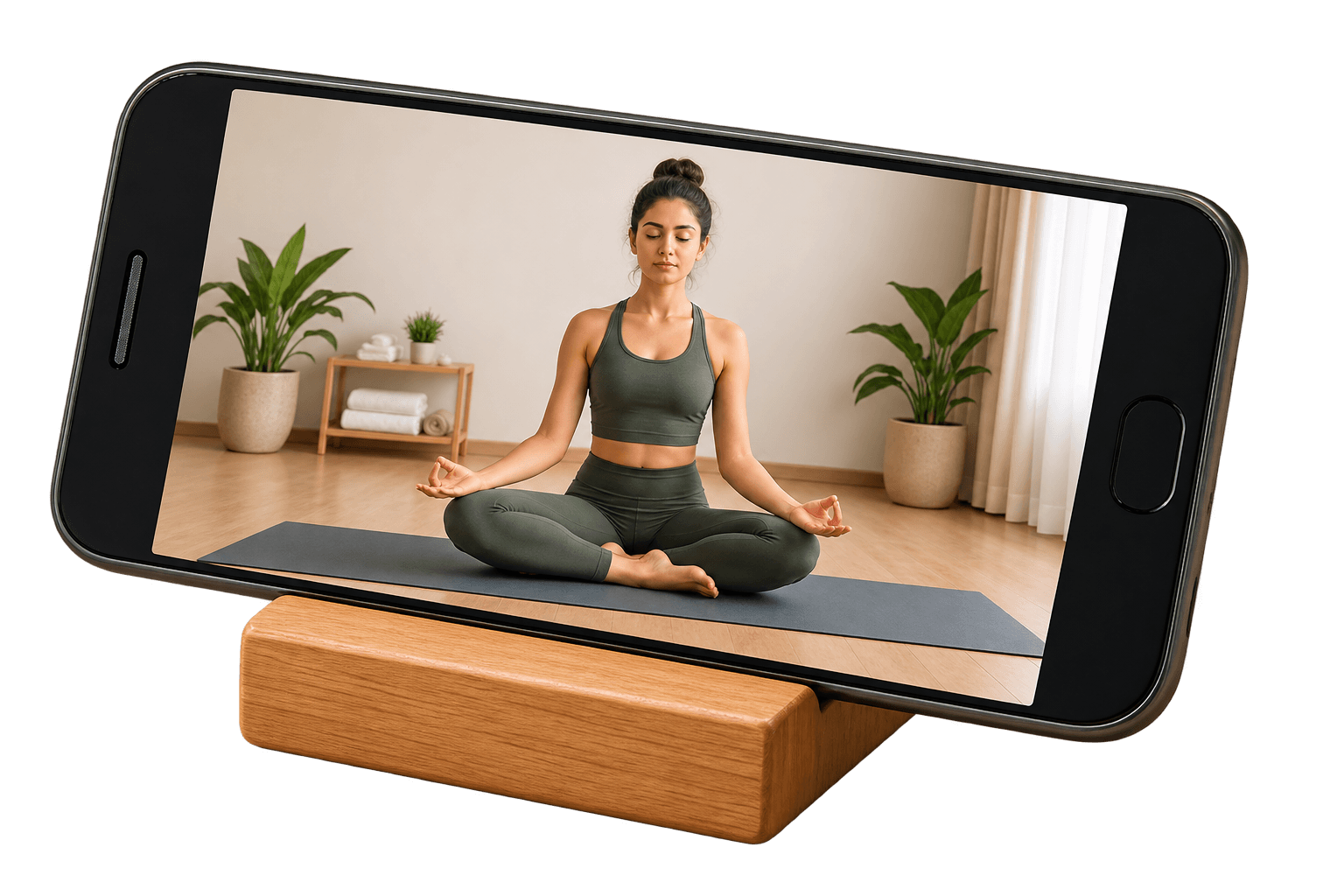 Health video on phone — guided yoga practice